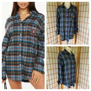 Savage X Fenty Tartan Plaid Laced Up Sleeve Raw Hem Frayed Sleep Shirt SZ M
